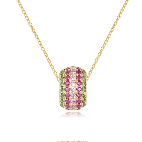 Multicolor Gemstone Pavé Barrel 14K 18Kuponrequest Yellow Gold Pendant Necklace - Picture 6 of 6